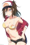  alternate_costume aqua_eyes baseball_cap bikini black_shorts breasts brown_hair collarbone eyes_visible_through_hair female_protagonist_(pokemon_go) hair_over_one_eye halter_top halterneck hat jacket kanden_suki long_hair looking_at_viewer medium_breasts midriff navel open_mouth pokemon pokemon_(game) pokemon_go ponytail red_jacket shorts solo swimsuit twitter_username yellow_bikini 