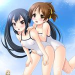  3girls :o bending_forward bent_over black_hair blonde_hair blush breasts brown_eyes clouds collarbone hair_ribbon hands_on_own_thighs hirasawa_ui k-on! kotobuki_tsumugi long_hair looking_at_viewer multiple_girls nakano_azusa nipples one-piece_swimsuit open_mouth ponytail ribbon see-through short_hair sky swimsuit twintails white_swimsuit yellow_ribbon 