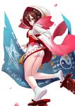  ass bangs brown_hair closed_mouth double_bun dress fkey flag floral_print flower food_themed_clothes full_body geta hair_between_eyes highres hood horns japanese_clothes kimono knees_together_feet_apart looking_at_viewer looking_back momo_(onmyoji) obi oni oni_horns onmyoji panties petals pink_flower plant pleated_dress pointy_ears red_eyes revision sash shoe_dangle short_eyebrows short_kimono soles solo star tabi tassel underwear upskirt vines white_background white_legwear white_panties wide_sleeves yin_yang 
