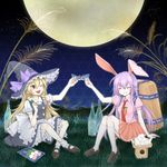  animal_ears apron backpack bag black_hat black_skirt black_vest blonde_hair bloomers bottle bow bunny_ears carrot closed_eyes cup dango food frilled_skirt frills full_moon grass grin hair_between_eyes hat hat_bow highres kirisame_marisa kuroe_niki lavender_hair loafers long_hair mary_janes mochi moon multiple_girls necktie open_mouth pink_shirt plate pleated_skirt puffy_short_sleeves puffy_sleeves red_neckwear red_skirt reisen_udongein_inaba ribbon-trimmed_underwear ribbon_trim sakazuki shirt shoes short_sleeves sitting sitting_on_ground skirt smile tie_clip toast_(gesture) touhou tsukimi_dango tsurime underwear vest wagashi waist_apron white_apron white_bow white_legwear white_shirt witch_hat yellow_eyes 