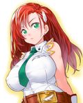  1girl bare_shoulders belt breasts cliana_rimskaya earrings erect_nipples feather female gloves green_eyes hair_ornament huge_breasts impossible_clothes impossible_shirt looking_at_viewer necktie onsoku_maru red_hair simple_background solo standing super_robot_wars upper_body white_gloves 