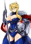  artoria_pendragon_(all) artoria_pendragon_(lancer) blonde_hair blue_eyes blue_legwear breasts bursting_breasts cape cleavage covered_navel fate/grand_order fate_(series) fur_trim gauntlets headwear_removed helmet helmet_removed highres holding holding_weapon kurobuchi_numama large_breasts long_hair looking_at_viewer revision simple_background solo thighhighs weapon white_background 