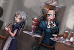  :d balancing_on_head blue_eyes blue_hair blurry blurry_background braid brown_hair burn_scar cake dorei_to_no_seikatsu_~teaching_feeling~ dutch_angle food green_eyes grey_eyes grey_hair hair_ribbon heterochromia holding holding_tray jpeg_artifacts long_hair looking_at_viewer maid multicolored_hair multiple_girls nephy_(dorei_to_no_seikatsu) notepad object_on_head open_mouth parfait parted_lips pen ponytail puffy_short_sleeves puffy_sleeves ray-k ribbon sandwich scar short_sleeves signature single_braid smile streaked_hair sweatdrop sylvie_(dorei_to_no_seikatsu) tray two-tone_hair very_long_hair 