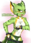  anthro armpits blush carol_tea cat clothed clothing feline female freedom_planet fur green_eyes green_fur mammal simple_background solo topless unclothing video_games wildcat zelen 