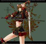 animal_ears armor boots brown_eyes brown_hair chainmail dual_wielding gauntlets gordon_(tori63) holding lineage lineage_2 midriff miniskirt navel short_hair shoulder_armor skirt solo spaulders sword weapon 