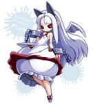  albino black_sclera bubble_skirt chain character_name copyright_name cuffs dress flat_chest frills full_body horns karukan_(monjya) long_hair looking_at_viewer phantom_kingdom pointy_ears pram red_eyes shackles shoes skirt solo white_dress white_footwear white_hair wings 