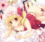  1girl :q babydoll bare_arms bare_shoulders barefoot bed blonde_hair blush breasts crystal flandre_scarlet flower food food_on_face frilled_pillow frills hat hat_ribbon holding holding_spoon ice_cream indoors leg_garter licking_lips looking_at_viewer lying medium_hair miyasu_risa mob_cap on_side one_side_up panties pillow red_babydoll red_eyes red_ribbon ribbon small_breasts solo spoon strap_slip stuffed_animal stuffed_bunny stuffed_toy thigh_gap thighs third-party_source tongue tongue_out touhou twisted_torso underwear underwear_only wings 