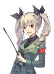  anchovy anzio_military_uniform belt black_neckwear black_ribbon brown_eyes girls_und_panzer hair_ribbon holding huazang long_hair military military_uniform necktie open_mouth ribbon riding_crop silver_hair simple_background solo twintails uniform white_background 