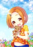  1girl :3 blush blush_stickers child day eyebrows flower holding idolmaster idolmaster_cinderella_girls looking_at_viewer navel open_mouth orange_chair orange_eyes outdoors polka-dot_shirt polka_dot ryuuzaki_kaoru solo stuffed_animal sunflower teddy_bear xenon_(simlacurm) 