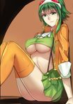  breasts covered_nipples crop_top goggles goggles_on_head green_eyes green_hair green_skirt gumi jacket kairos+ large_breasts looking_at_viewer open_clothes open_jacket orange_jacket orange_legwear pleated_skirt short_hair short_hair_with_long_locks sidelocks sitting skirt smile solo suspender_skirt suspenders thighhighs underboob vocaloid 