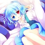  1girl :p bed blanket blue_eyes blue_hair blue_skirt blue_vest blush finger_to_mouth frilled_sleeves frills heterochromia highres indoors long_sleeves looking_at_viewer lying on_side pillow red_eyes sakurazawa_izumi shirt short_hair skirt solo tatara_kogasa tongue tongue_out touhou under_covers vest white_shirt 