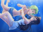  air_bubble amanchu! bangs bare_arms bare_shoulders barefoot bikini_top black_hair blue_eyes blush breasts bubble closed_mouth collarbone denim denim_shorts dress freediving gradient gradient_background green_eyes green_hair highres holding_breath holding_hands jakly kohinata_hikari long_hair looking_at_another medium_breasts midriff multiple_girls navel ocean ooki_futaba pocket short_hair short_shorts shorts smile spaghetti_strap swimming underwater white_dress 