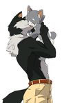  2012 age_difference anthro belt canine clothed clothing comic cub diaper digital_media_(artwork) duo eyes_closed happy kissing male mammal manmosu_marimo pants shota simple_background size_difference smile topless white_background wolf young 