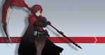  absurdres aegisfate cape copyright_name gothic_lolita grey_background highres lolita_fashion pantyhose red_eyes red_hair ruby_rose rwby scythe sketch solo 
