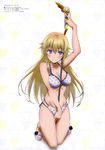  absurdres bikini blonde_hair blue_eyes blush breasts cleavage highres ishida_kazumasa long_hair medium_breasts megami multi-strapped_bikini no_socks official_art polka_dot polka_dot_bikini qualidea_code sandals scan solo swimsuit utara_canaria weapon 