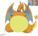  2016 belly big_belly bound canson charizard collar digital_media_(artwork) dragon eyewear feral fire force_feeding forced glasses hands_behind_back horn keg kneeling male membranous_wings multicolored_scales muzzle_(object) muzzled nintendo orange_horn orange_scales orange_tail overweight overweight_male pok&eacute;mon scales scalie signature simple_background solo straps tube two_tone_scales two_tone_tail video_games white_background wings yellow_scales yellow_tail 
