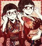  adjusting_eyewear bad_id bad_pixiv_id black_eyes black_hair bow braid flat_color floral_print furisode glasses hair_bow hanaze high_contrast japanese_clothes kimono light_particles long_hair looking_at_viewer looking_to_the_side multiple_girls obi original sash short_hair smile 