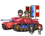  artist_request bangs black_eyes black_hair black_legwear blonde_hair blouse brown_eyes brown_hair brown_jacket caesar_(girls_und_panzer) caterpillar_tracks chibi erwin_(girls_und_panzer) flag girls_und_panzer glasses green_skirt ground_vehicle hat jacket long_hair long_sleeves messy_hair military military_uniform military_vehicle miniskirt motor_vehicle multiple_girls neckerchief one_eye_closed ooarai_school_uniform open_clothes open_jacket oryou_(girls_und_panzer) outstretched_arm outstretched_hand peaked_cap pixel_art pleated_skirt pointy_hair red-framed_eyewear red_scarf saemonza scarf school_uniform semi-rimless_eyewear serafuku short_hair skirt sturmgeschutz_iii tank transparent_background under-rim_eyewear uniform white_blouse 