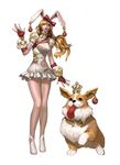  absurdres animal_ears blonde_hair bow bunny_ears collar crown dog dospi earrings fingerless_gloves gloves hair_bow highres jewelry long_hair puffy_sleeves red_eyes simple_background welsh_corgi white_background 