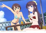  absurdres amasaki_manamu barefoot bikini black_hair blue_eyes blush breasts brown_hair cleavage day green_eyes highres kneeling leaning_forward long_hair looking_at_viewer medium_breasts multiple_girls new_game! open_mouth shinoda_hajime short_hair sitting smile swimsuit takimoto_hifumi 