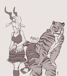  2016 antelope anthro antlers claws clothed clothing disney domination duo feline female female_domination fur gazelle gazelle_(zootopia) hair hi_res horn male mammal monochrome muscular onomatopoeia predator/prey rrowdybeast shorts signature simple_background skirt smile sound_effects standing stripes stripper_tiger_(zootopia) teeth tiger topless zootopia zootopia_shorts 