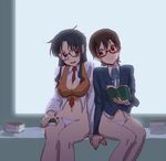  between_breasts blazer book bottomless breasts brown_hair crossover glasses jacket k-on! maebari manabe_nodoka multiple_girls nadeara_bukichi necktie necktie_between_breasts read_or_die reading red-framed_eyewear semi-rimless_eyewear short_hair sitting under-rim_eyewear vest yomiko_readman 