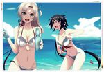  adapted_costume bad_id bad_pixiv_id bikini blush bottle breasts cleavage cloud crab day green_eyes kako_(kantai_collection) kantai_collection kinugasa_(kantai_collection) long_hair looking_at_viewer lu_(nh054021) medium_breasts multiple_girls ocean open_mouth outdoors ramune remodel_(kantai_collection) sailor_bikini sailor_collar silver_hair smile swimsuit wardrobe_malfunction water 