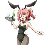  1girl :d alcohol animal_ears armpits black_legwear bunny_ears bunny_tail cat_bell cleavage glass looking_at_viewer one_eye_closed open_mouth pantyhose simple_background solo tail transparent_background wine wink 