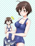  2girls :d :| ahoge angry bangs blue_swimsuit blush brave_witches breast_envy breasts brown_eyes brown_hair closed_mouth clothes_removed collarbone cowboy_shot flipped_hair from_side hair_between_eyes hair_ornament hairclip hands_on_own_chest hiro_yoshinaka holding_shirt karibuchi_hikari looking_at_viewer medium_breasts miyafuji_yoshika mouth multiple_girls neckerchief no_pupils old_school_swimsuit one-piece_swimsuit open_mouth parted_bangs parted_lips polka_dot polka_dot_background school_swimsuit school_uniform serafuku shirt shirt_removed short_hair small_breasts smile standing strike_witches sweatdrop swimsuit v-shaped_eyebrows wavy_mouth white_eyes world_witches_series 