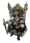  absurdres beard boots cloak crown dospi facial_hair gem highres jewelry king looking_at_viewer male_focus ring scepter sitting sketch solo throne white_background 