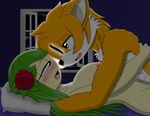  anthro bed bedroom blue_eyes blush breasts canine cosmo_the_seedrian duo eye_contact female flora_fauna flower fox fur glarky-chan green_hair hair half-closed_eyes interspecies intimate lying male mammal miles_prower missionary_position multicolored_fur nipples nude on_back open_mouth orange_fur plant romantic_couple rose sex sonic_(series) sweat two_tone_fur white_fur wolf 