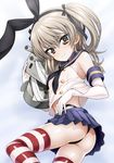  cosplay elbow_gloves flat_chest girls_und_panzer gloves grey_eyes grey_hair isse kantai_collection looking_at_viewer miniskirt pleated_skirt rensouhou-chan sailor_collar shimada_arisu shimakaze_(kantai_collection) shimakaze_(kantai_collection)_(cosplay) skirt solo striped striped_legwear thighhighs thong 