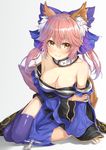  animal_ears bell bell_collar blue_legwear bow breasts cleavage collar detached_sleeves fate/extra fate_(series) fox_ears fox_tail gradient gradient_background hair_between_eyes hair_bow hair_ribbon hakuishi_aoi highres japanese_clothes large_breasts long_hair pink_hair ribbon sitting smile solo tail tamamo_(fate)_(all) tamamo_no_mae_(fate) thighhighs yellow_eyes yokozuwari 