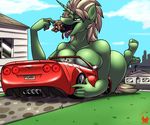  5_fingers anthro breasts car clothed clothing duo equine female hair horn horse larger_female macro male mammal metalfoxxx oral_vore size_difference tongue unicorn vehicle vore 