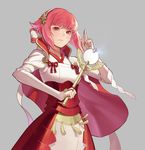  blush capelet fire_emblem fire_emblem_if grey_background hairband highres neko_sheep pink_hair red_eyes sakura_(fire_emblem_if) simple_background solo staff upper_body 