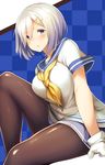 blue_eyes breasts checkered checkered_background commentary_request eyebrows eyebrows_visible_through_hair gloves hair_between_eyes hair_ornament hairclip hamakaze_(kantai_collection) kantai_collection large_breasts looking_at_viewer pantyhose shiny shiny_clothes shirt short_hair short_sleeves silver_hair skirt solo tobimura white_gloves white_shirt 