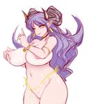  breasts fang grabbing_own_breast horns huge_breasts light_smile long_hair navel noise nude original pointy_ears purple_hair simple_background slit_pupils solo thighs white_background yellow_eyes 