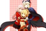  armor artoria_pendragon_(all) artoria_pendragon_(lancer_alter) blonde_hair fate/apocrypha fate/grand_order fate_(series) florence_nightingale_(fate/grand_order) gloves grin long_hair looking_at_viewer midriff military military_uniform mordred_(fate) mordred_(fate)_(all) mother_and_daughter multiple_girls navel oiun one_eye_closed pantyhose pink_hair pleated_skirt red_eyes skirt smile teeth uniform v white_gloves 