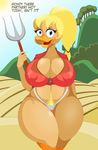  2016 avian beak big_breasts bird blonde_hair blue_eyes breasts cleavage clothed clothing dialogue duck ducktits female freckles hair looking_at_viewer navel panties pitchfork pubes shirt skimpy solo underwear 