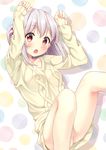  aran_sweater arms_up blush collarbone commentary_request hair_bobbles hair_ornament highres karutamo looking_at_viewer lying no_panties on_back one_side_up open_mouth original partially_visible_vulva red_eyes short_hair silver_hair solo sweater tisshu_(karutamo) 