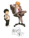  ashtray backpack bag bangs black_hair bowl_cut brown_hair chair child cigarette closed_eyes crossed_legs formal highres kageyama_shigeo male_focus mob_psycho_100 multiple_boys necktie office_chair pink_neckwear randoseru reigen_arataka smoking suit sweatdrop sydsir younger 