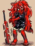  clothing fur hair latchkey_kingdom mammal melee_weapon no_iris p5ych red_fur simple_background smile stella_sparkchild striped_fur stripes sword weapon yuman 