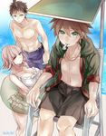  2boys ahoge bangs beach bikini bikini_skirt blunt_bangs breasts brown_hair collarbone danganronpa dennbadennba0105 eyebrows_visible_through_hair flipped_hair frilled_bikini frilled_bikini_bottom frilled_bikini_top frills green_eyes hinata_hajime innertube large_breasts lifeguard lifeguard_chair looking_at_viewer male_swimwear mole mole_on_breast multiple_boys naegi_makoto nanami_chiaki pectorals pink_eyes shirtless short_hair super_danganronpa_2 swim_trunks swimsuit swimwear water whistle white_bikini 