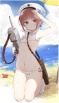  anchor animal arm_up armpits ass_visible_through_thighs bag bangs bare_arms bare_shoulders beach beret between_breasts bikini blue_sky blunt_bangs bow breasts cloud collarbone crab day eyebrows eyebrows_visible_through_hair gun hat hat_bow highres holding holding_gun holding_weapon horizon kantai_collection kneeling looking_at_viewer navel outdoors sailor_bikini sailor_collar sailor_hat salute sand sandals shore sino_(sionori) sky small_breasts smiley_face stomach strap_cleavage striped striped_bow summer sweatdrop swimsuit thigh_gap trigger_discipline weapon white_bikini white_hat z3_max_schultz_(kantai_collection) 
