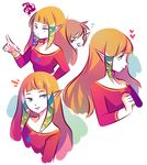  1girl alderion-al bangs blonde_hair blue_eyes bracelet brown_hair dress heart jewelry link long_hair open_mouth pointing pointy_ears princess_zelda red_dress sidelocks smile squiggle the_legend_of_zelda the_legend_of_zelda:_skyward_sword triangle_mouth 
