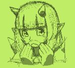  1girl dragon_quest dragon_quest_x fake_mustache female horns looking_at_viewer monochrome nezunezu ogre_(dq10) pixel_art pointy_ears solo upper_body 