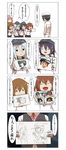  1boy 4koma 5girls absurdres admiral_(kantai_collection) akatsuki_(kantai_collection) anchor_symbol black_hair brown_hair child_drawing closed_eyes comic commentary drawing fang flat_cap furuhara gloves hair_between_eyes hair_ornament hairclip hat hibiki_(kantai_collection) highres ikazuchi_(kantai_collection) inazuma_(kantai_collection) kantai_collection military military_hat military_uniform multiple_girls neck_ribbon open_mouth pink_hair pleated_skirt ponytail purple_hair red_neckwear red_ribbon ribbon school_uniform shiranui_(kantai_collection) short_hair skirt speech_bubble spoken_ellipsis translated uniform vest white_gloves 