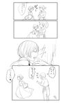  1girl 4koma :p :q ? ?? akujiki_musume_conchita_(vocaloid) banica_conchita biting blush carlos_marlon chef_uniform closed_eyes comic commentary_request corset detached_sleeves embarrassed evillious_nendaiki finger_biting flower greyscale hair_flower hair_ornament heart holding_hand ichi_ka kaito meiko monochrome nibbling sexually_suggestive short_hair signature smile spoken_heart teasing tongue tongue_out translation_request vocaloid 