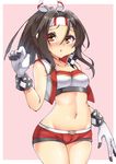 asake_ameji breasts brown_eyes brown_hair cameltoe gloves hachimaki headband high_ponytail kantai_collection long_hair midriff navel race_queen short_shorts shorts small_breasts solo standing vest zuihou_(kantai_collection) 