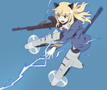  1girl animal_ears blonde_hair electricity glasses gun long_hair military_uniform nanashino open_mouth perrine_h_clostermann strike_witches striker_unit tail 